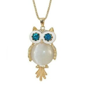 White owl pendant necklace w/ a round white cat eye stone and crystal eyes New